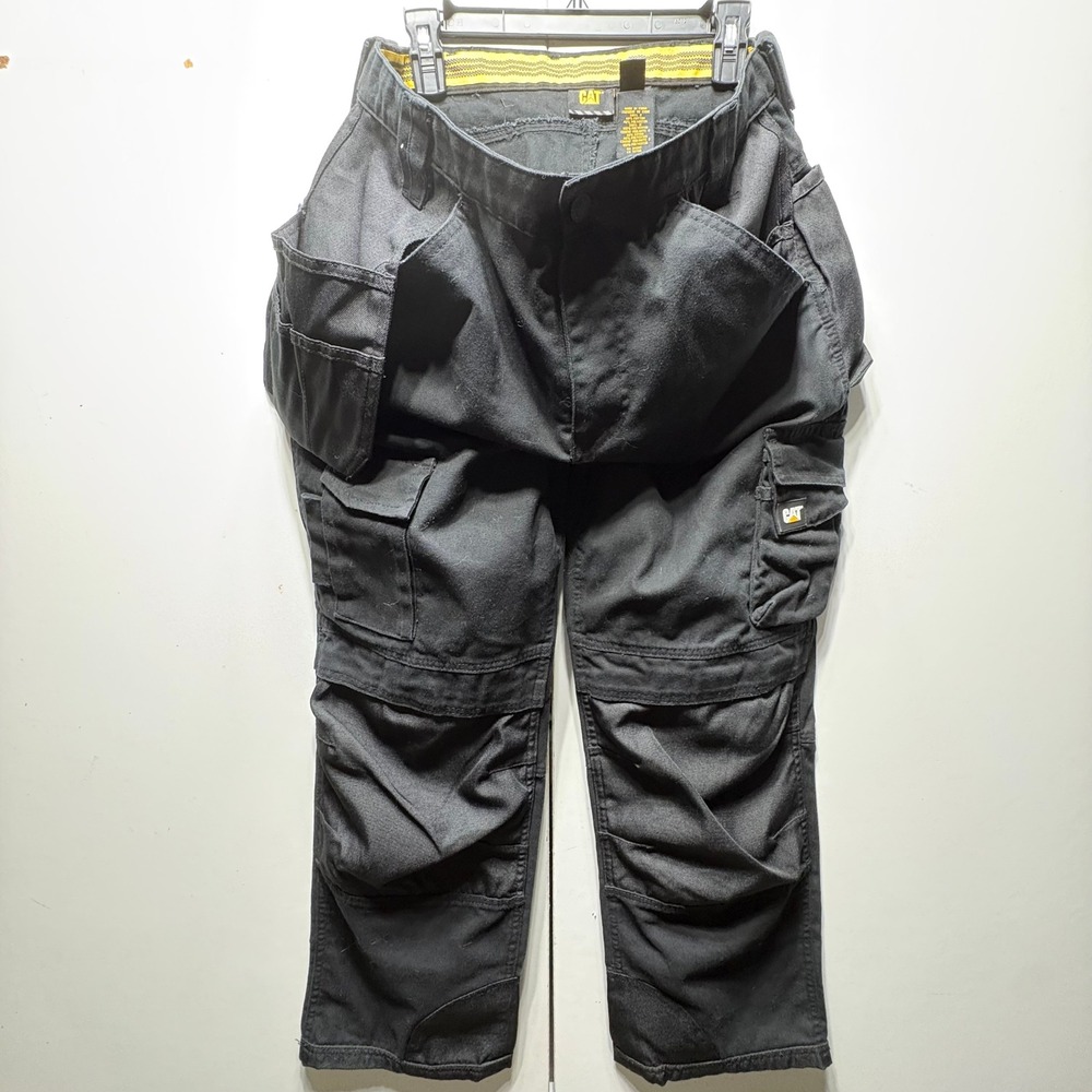 CAT Caterpillar Work Pants Mens 36/30 Black Cargo Utility Canvas Holster Pockets